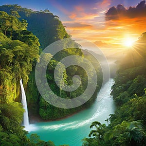 sunset rainforest panorama with jungle river with tropical exotic fantasy fictional landscape created with