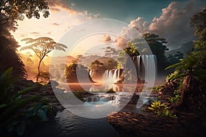 Sunset rainforest panorama with waterfall, jungle river with tropical vegetation, exotic fantasy landscape, fictional landscape