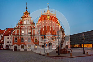 Sunset at Ratslaukums square with the House of Blackheads in old