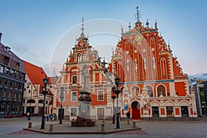 Sunset at Ratslaukums square with the House of Blackheads in old