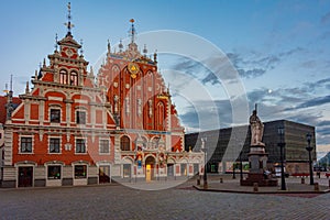 Sunset at Ratslaukums square with the House of Blackheads in old