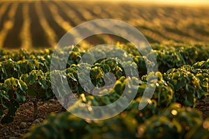 Sunset rays over lush vineyard rows in serene countryside