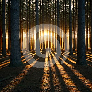 Sunset Rays Through Tall Pine Trees in Forest