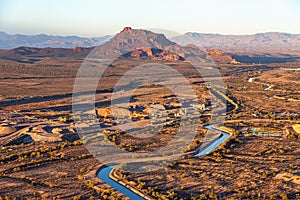 Sunset on Red Mountain in east Mesa, aerial view from above the south canal looking from the southwest to the northeast