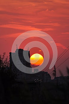 Sunset and red skyes over a hight buildings