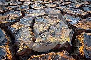 Sunset reflected on cracked parched earth