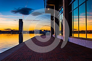 Sunset reflecting in a building on the waterfront in Fells Point