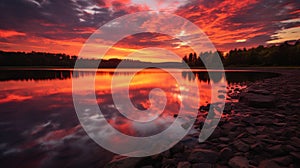Sunset reflection on calm river water surface