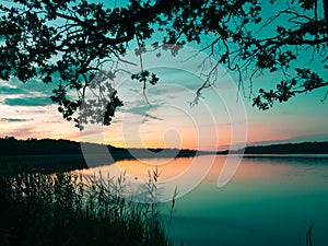 Sunset reflection landscape on Masuria. Dark oak tree branches. Seksty lake. Blue and orange