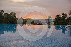 Sunset reflection scene â€“ pool scene â€“ Sandanski Bulgaria
