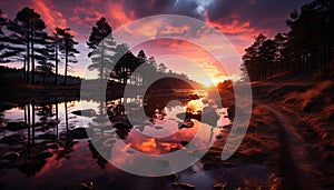 Sunset reflection on tranquil pond in forest generated by AI