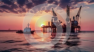 Sunset Reflections: Oil Rig in the Ocean\'s Calm Waters - Generative AI