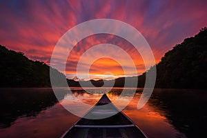 Sunset reflections, old canoe, Calm lake
