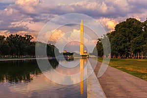 Sunset reflects Washington Monument in pool by Lincoln Memorial, Washington, DC