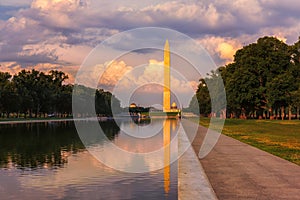 Sunset reflects Washington Monument in pool by Lincoln Memorial, Washington, DC photo