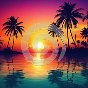 sunset on the Retro palms sci fi background with Sun reflection in Futuristic landscape Digital landscape cyber party