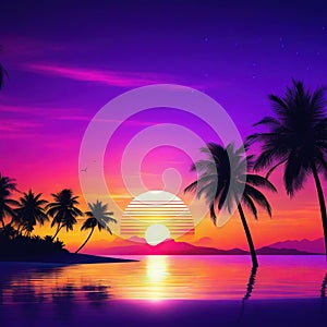 sunset on the Retro palms sci fi background with Sun reflection in Futuristic landscape Digital landscape cyber party