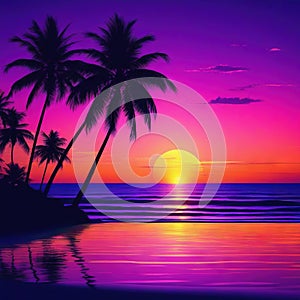 sunset on the Retro palms sci fi background with Sun reflection in Futuristic landscape Digital landscape cyber party