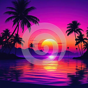 sunset on the Retro palms sci fi background with Sun reflection in Futuristic landscape Digital landscape cyber party