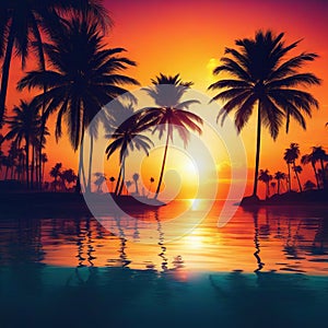 sunset on the Retro palms sci fi background with Sun reflection in Futuristic landscape Digital landscape cyber party