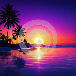 sunset on the Retro palms sci fi background with Sun reflection in Futuristic landscape Digital landscape cyber party