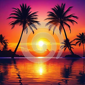 sunset on the Retro palms sci fi background with Sun reflection in Futuristic landscape Digital landscape cyber party