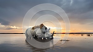 Sunset Rhino: A Sketchfab-inspired Stock Photo With Anthropomorphic Animals