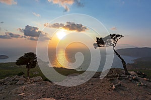 Sunset on Rhodes island seen from Monolithos castle, Greece