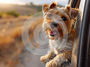 Sunset Ride: Joyful Dog on Desert Road Trip