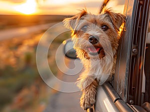 Sunset Ride: Joyful Dog on Desert Road Trip