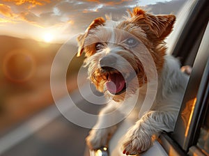 Sunset Ride: Joyful Dog on Desert Road Trip