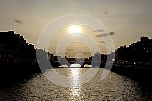 Sunset of river Liffey in Dublin, Ireland