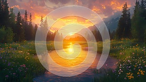 Sunset River Meadow Mountain Landscape