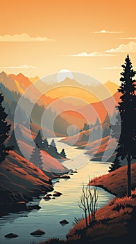 Sunset River And Mountains: Colored Vector Art In The Style Of Alejandro Burdisio