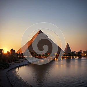 Sunset river Nile with white yacht background egyptian pyramid Cairo, Egypt. made with Generative AI