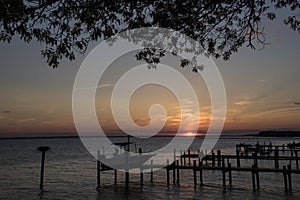 Sunset at the river showing the docks