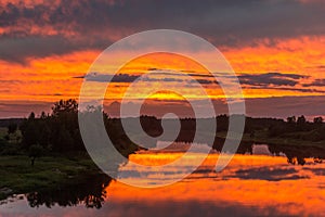 Sunset on the river Tigoda, Leningrad oblast, Russia