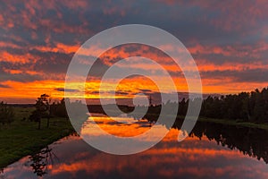 Sunset on the river Tigoda, Leningrad oblast, Russia