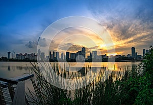 Sunset at riverside walk of Singapore Sports Hub. It is a sports and recreation district in Kallang, Singapore.