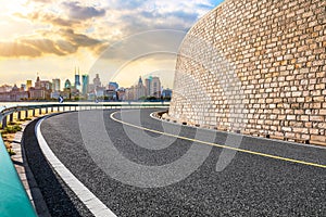 Sunset road and city skyline in Shanghai