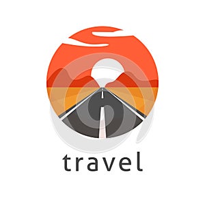 Sunset road desert trip logo vector with highway travel icon or journey sunrise landscape to mountain circle round logotype flat