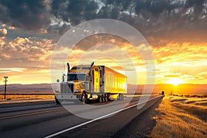 Sunset Road Trip: Big Rig Truck Traveling on Highway Wallpaper and Design, Generative AI