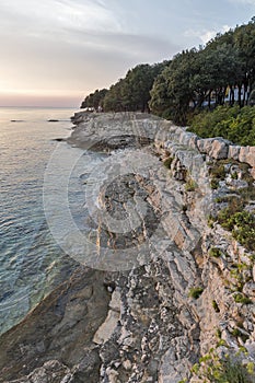 Sunset rocky beach in Istria, Croatia. Adriatic Sea, Lanterna peninsula.