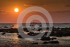 Sunset rocky beach, peaceful sea, orange sky.