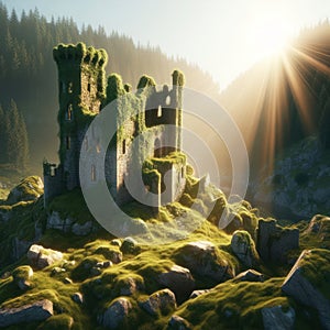 Sunset in a Rocky Forest and an Abandoned Castle. AI Generated