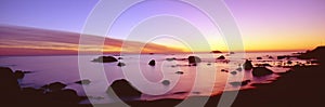 Sunset on rocky Pacific shoreline, Northern California