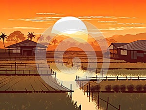 Sunset Rural Farming background for Asian agriculture concept Poster, Generative Ai
