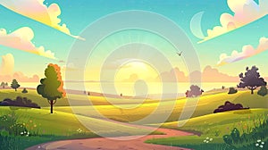 At sunset, rural landscape with agriculture fields. Modern illustration of green grass, trees, road, and sun on horizon.