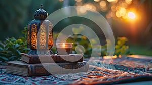 Sunset’s Embrace: Islamic Books and Lantern Symbolizing Knowledge and Tradition