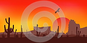 Sunset with Saguaro Cactus. Desert. Vector.